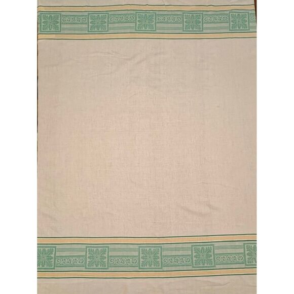 Vintage Damask Tablecloth Green Yellow White Floral - Picture 2 of 5